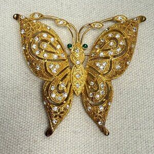 Ornate Butterfly Brooch Pin Gold-Tone Sparkly Rhinestone‎ 2.5" Statement